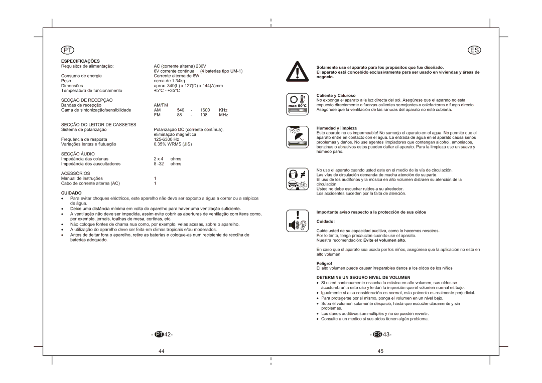 Elta 6264N instruction manual Especificações, Cuidado, Humedad y limpieza, Peligro, Determine UN Seguro Nivel DE Volumen 