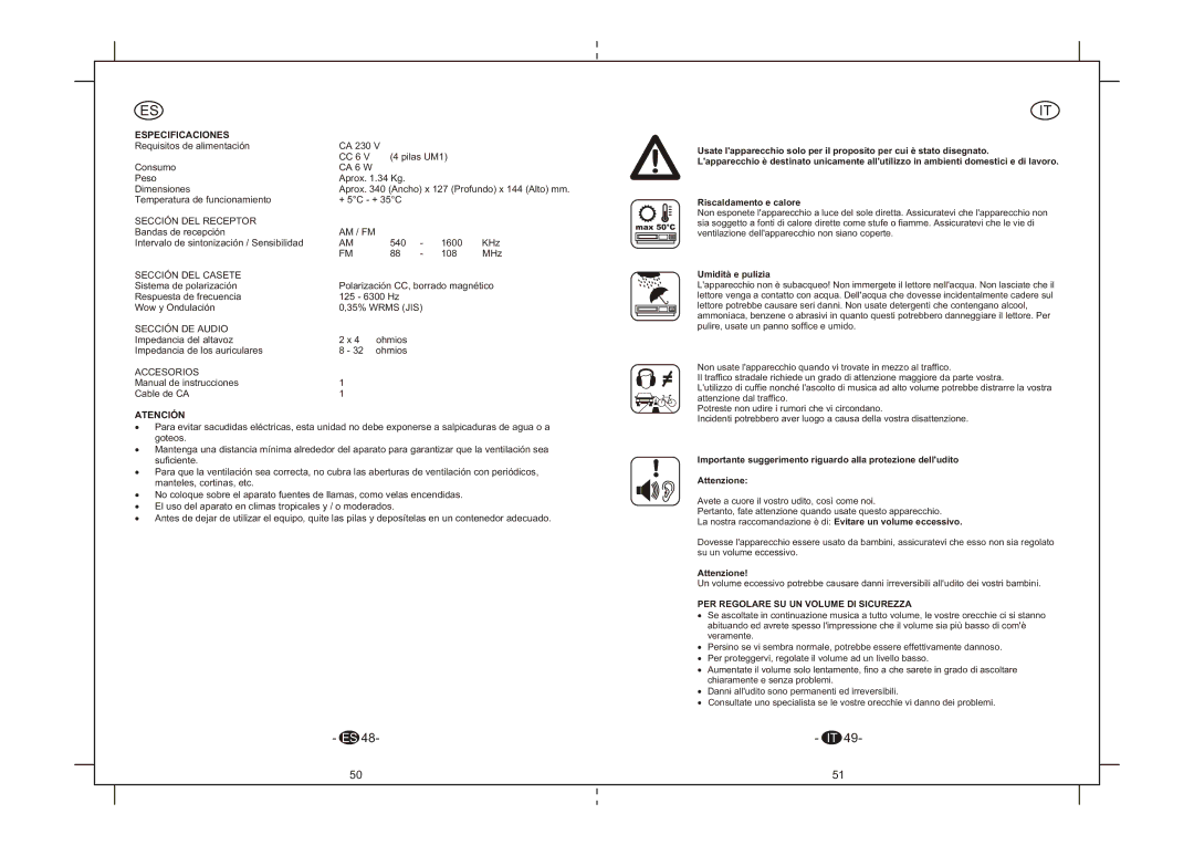 Elta 6264N instruction manual Especificaciones, Atención, Umidità e pulizia, PER Regolare SU UN Volume DI Sicurezza 