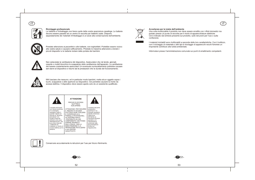 Elta 6264N instruction manual Riciclaggio professionale, Avvertenze per la tutela dellambiente, Attenzione 