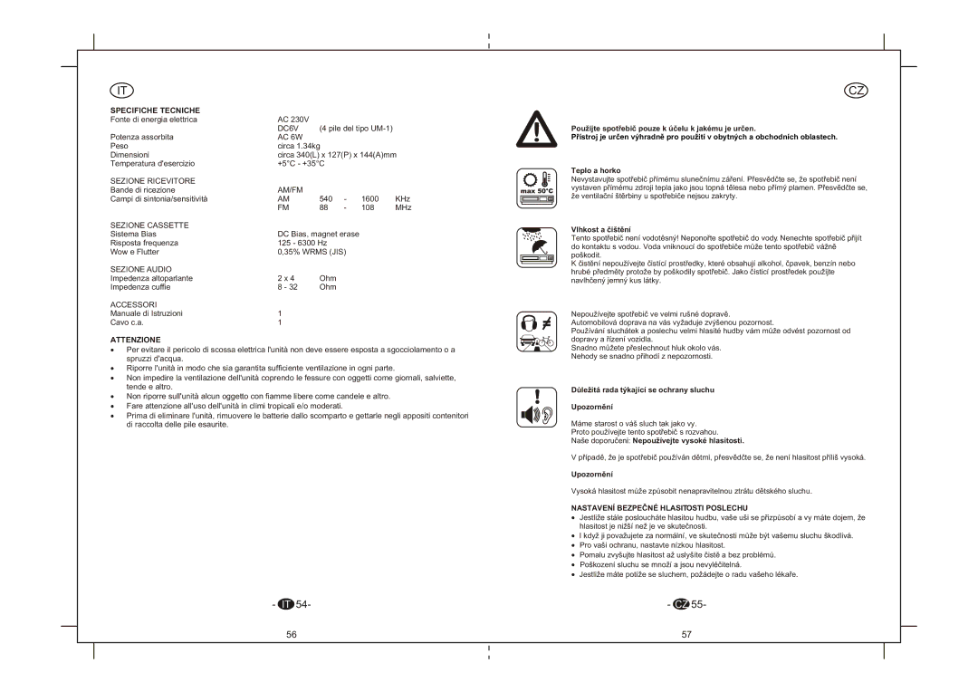 Elta 6264N instruction manual Specifiche Tecniche, Attenzione, Nastavení Bezpeèné Hlasitosti Poslechu 