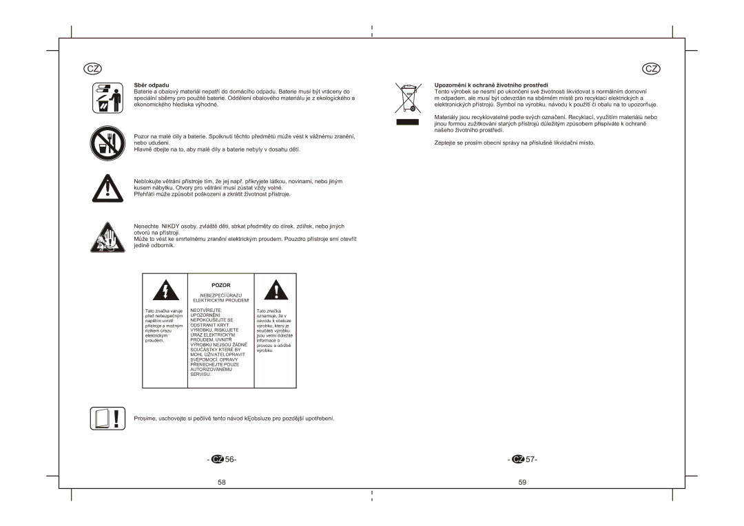 Elta 6264N instruction manual Sbìr odpadu, Upozornìní k ochranì životního prostøedí, Pozor 