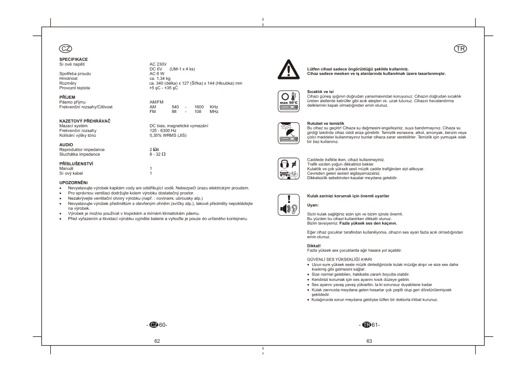 Elta 6264N instruction manual Specifikace, Pøíjem, Kazetový Pøehrávaè, Pøíslušenství 