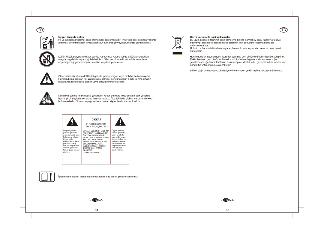 Elta 6264N instruction manual Uygun bicimde arýtma, Dýkkat, Çevre koruma ile ilgili açýklamalar 