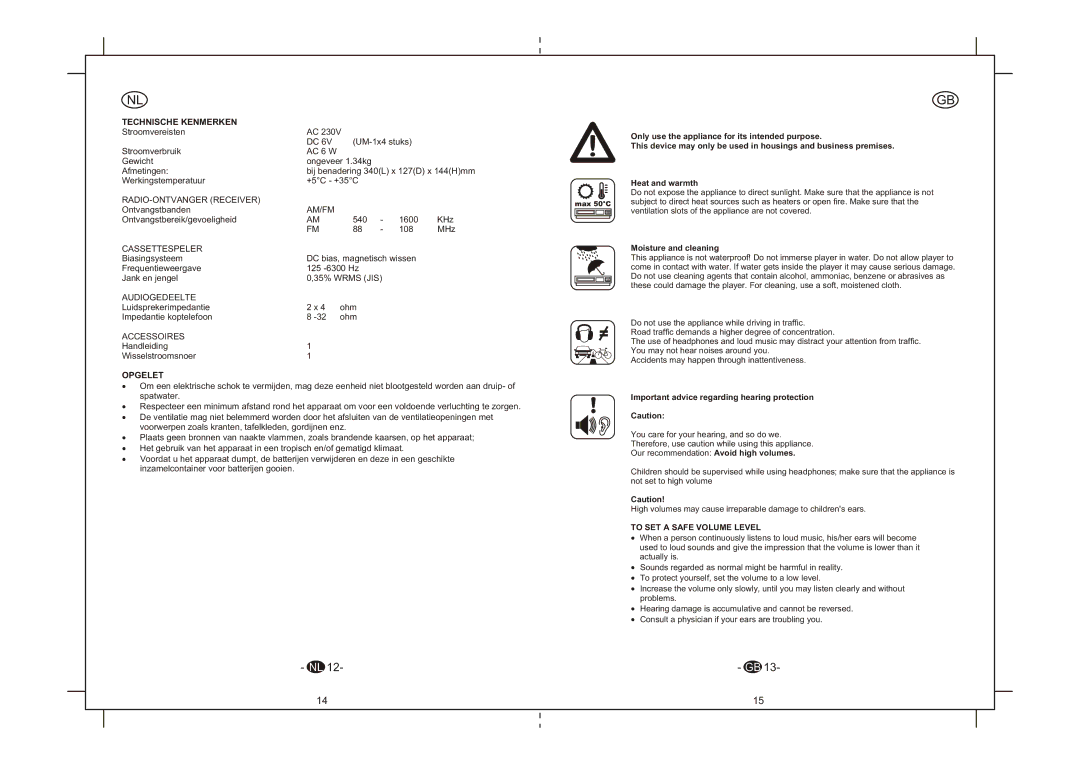Elta 6264N instruction manual Technische Kenmerken, Opgelet, To SET a Safe Volume Level 