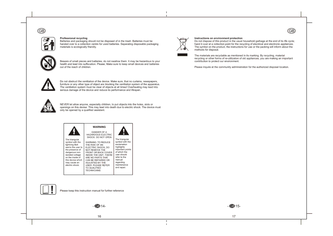 Elta 6264N instruction manual Professional recycling, Instructions on environment protection 