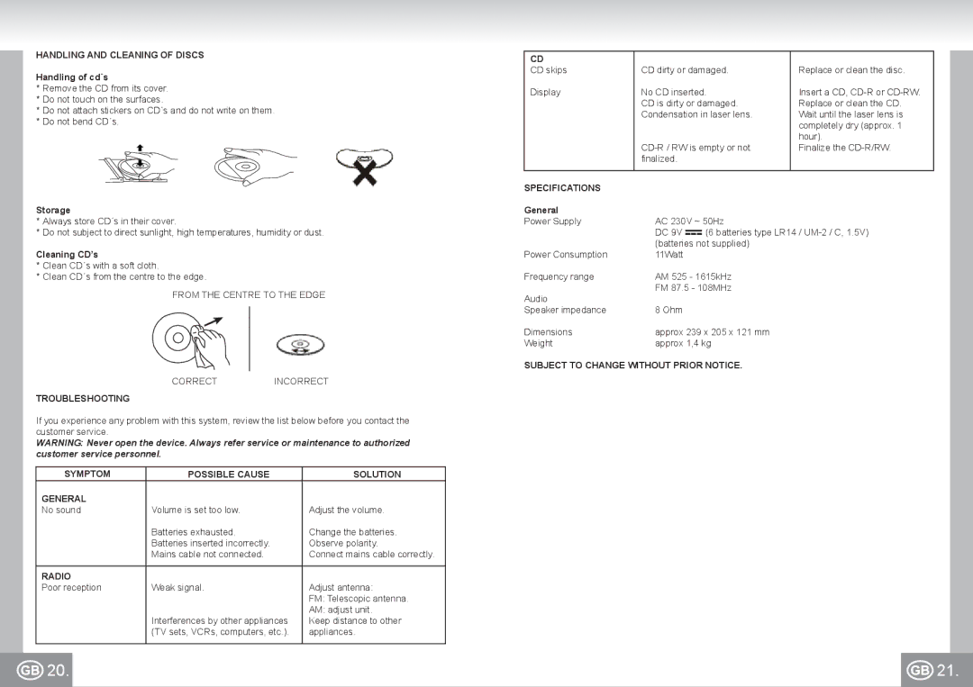 Elta 6688 manual Handling and Cleaning of Discs, Troubleshooting, Symptom Possible Cause Solution General, Specifications 