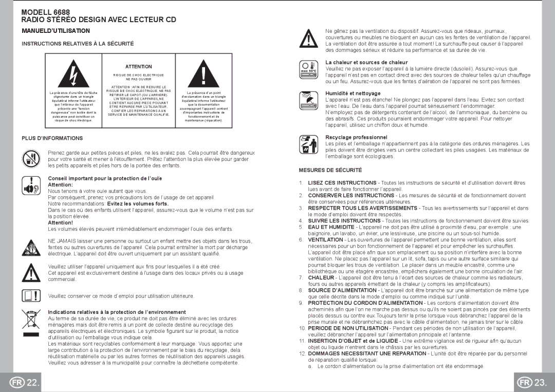 Elta 6688 manual Modell Radio Stéréo Design Avec Lecteur CD, Manueld’Utilisation, Instructions Relatives À LA Sécurité 