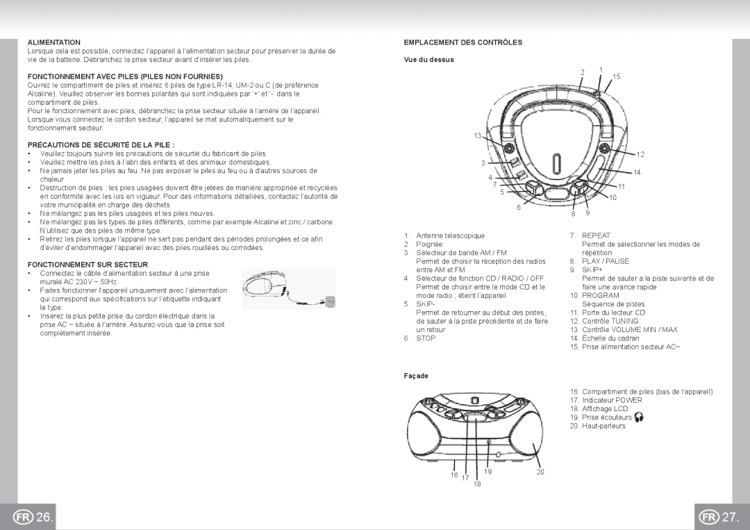 Elta 6688 manual Alimentation, Fonctionnement Avec Piles Piles NON Fournies, Précautions DE Sécurité DE LA Pile 