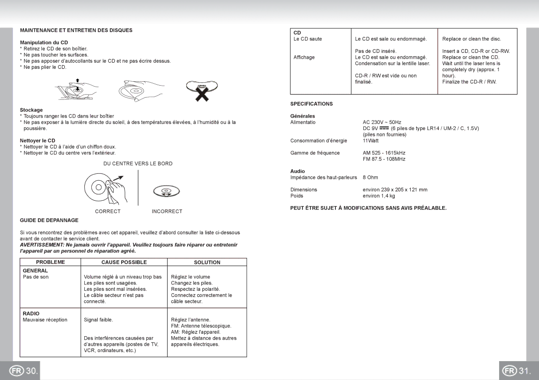 Elta 6688 manual Maintenance ET Entretien DES Disques, Guide DE Depannage, Probleme Cause Possible Solution General 