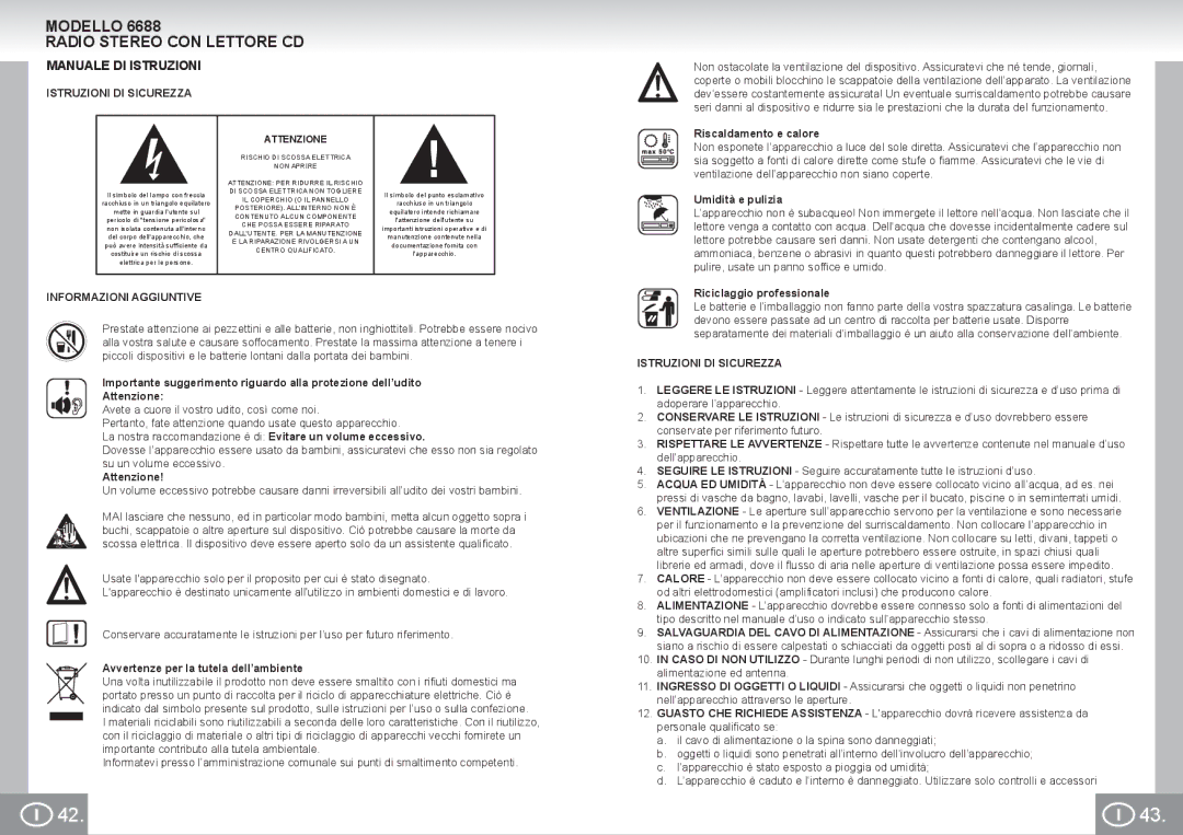 Elta 6688 Modello Radio Stereo CON Lettore CD, Manuale DI Istruzioni, Istruzioni DI Sicurezza, Informazioni Aggiuntive 