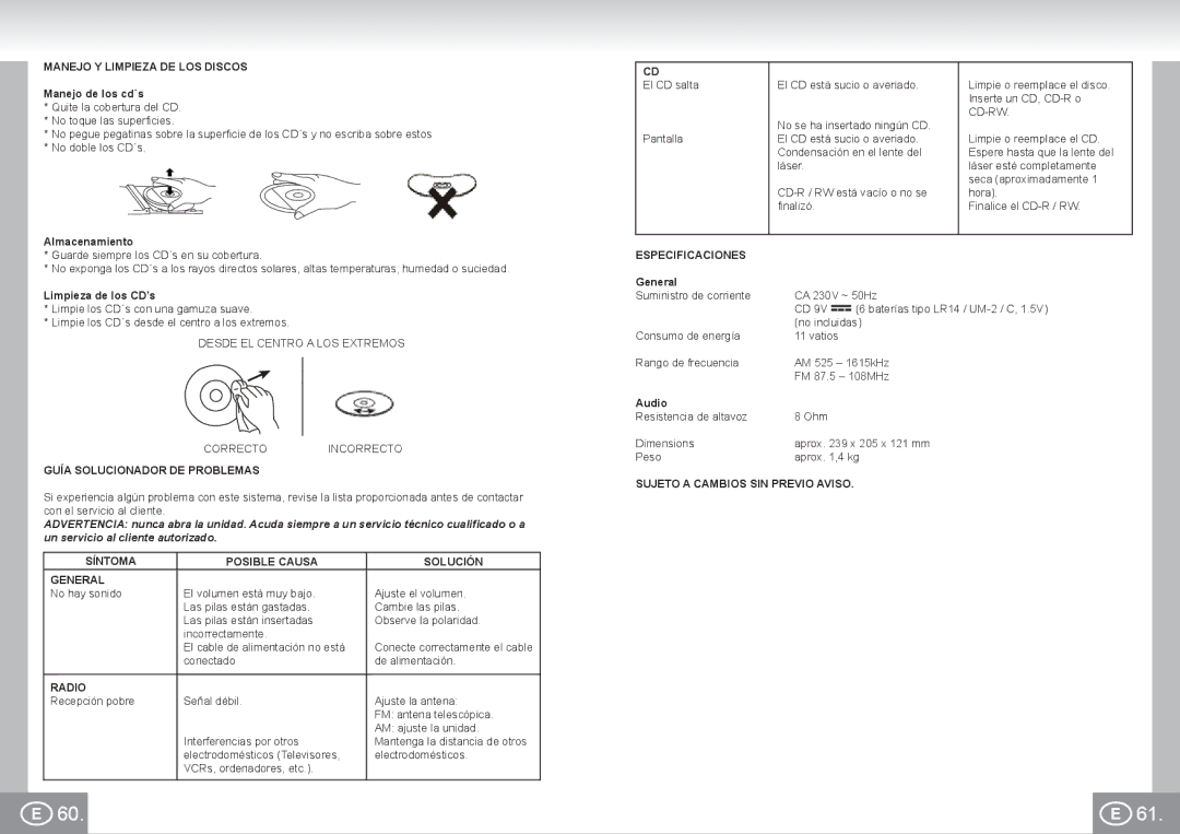 Elta 6688 manual Manejo Y Limpieza DE LOS Discos, Guía Solucionador DE Problemas, Síntoma Posible Causa Solución General 