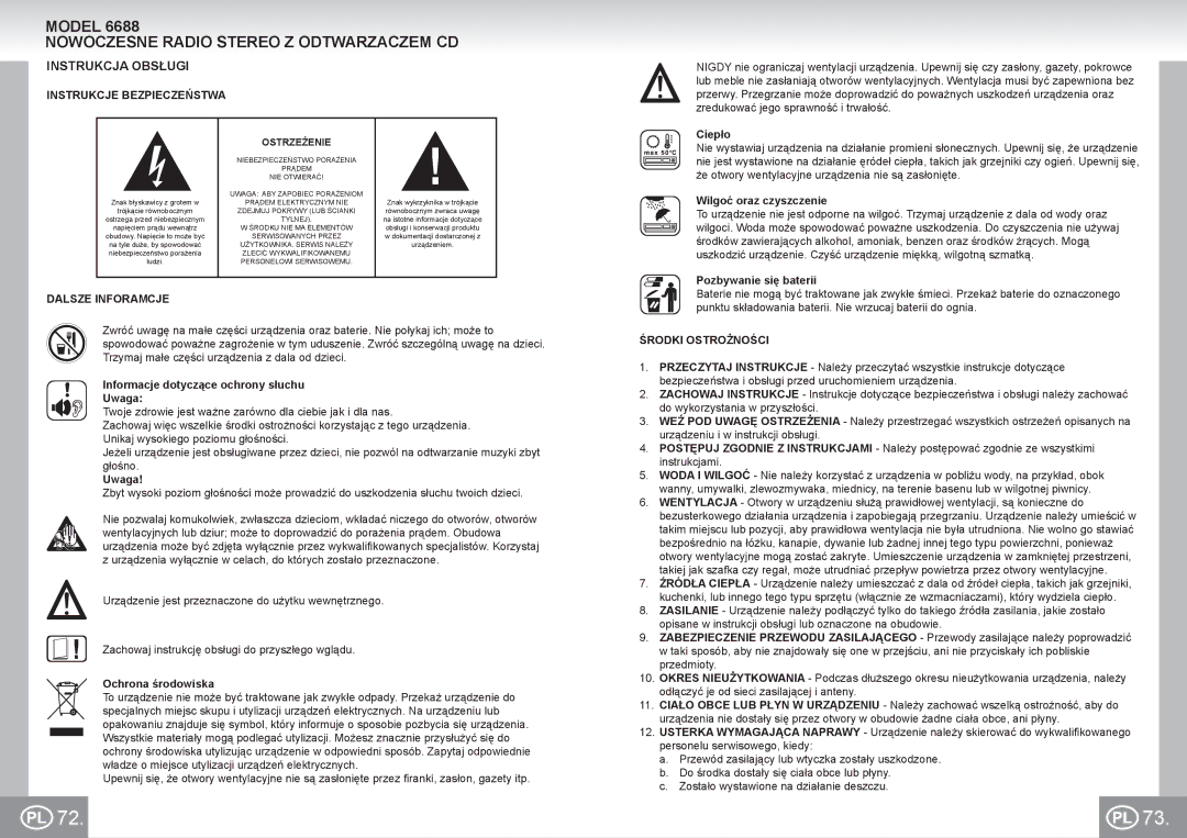 Elta 6688 Nowoczesne Radio Stereo Z Odtwarzaczem CD, Instrukcja Obsługi, Instrukcje Bezpieczeństwa, Dalsze Inforamcje 