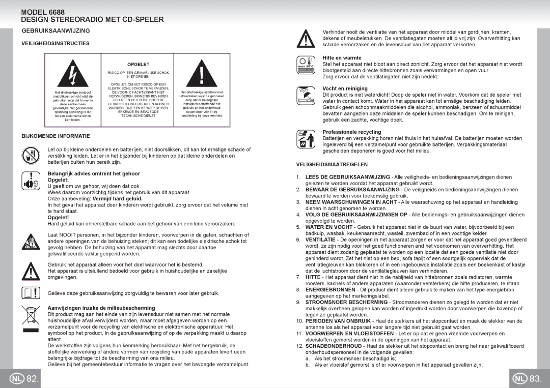 Elta 6688 manual Design Stereoradio MET CD-SPELER, Gebruiksaanwijzing, Veiligheidsinstructies, Bijkomende Informatie 