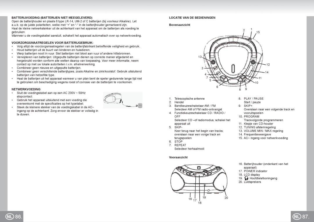 Elta 6688 manual Batterijvoeding Batterijen Niet Meegeleverd, Voorzorgsmaatregelen Voor Batterijgebruik, Netwerkvoeding 