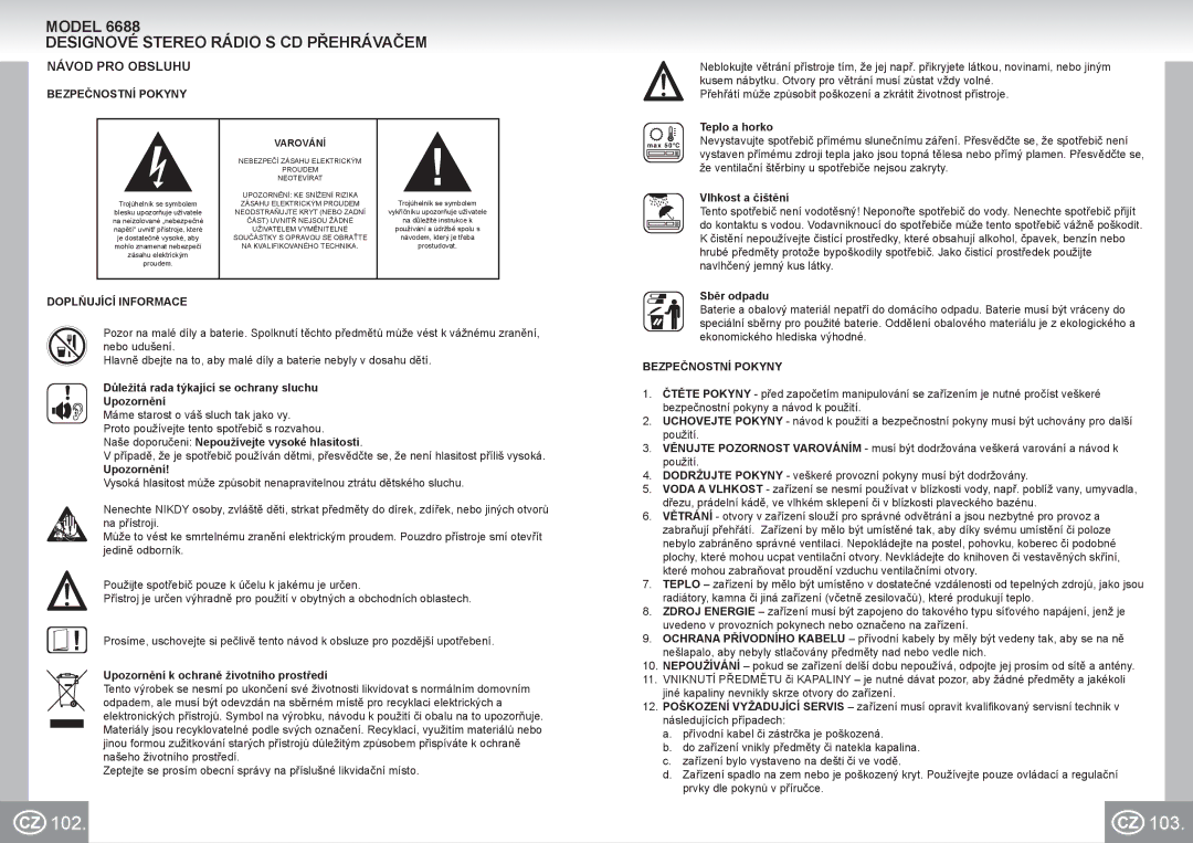 Elta 6688 102 103, Designové Stereo Rádio S CD Přehrávačem, Návod PRO Obsluhu, Bezpečnostní Pokyny, Doplňující Informace 