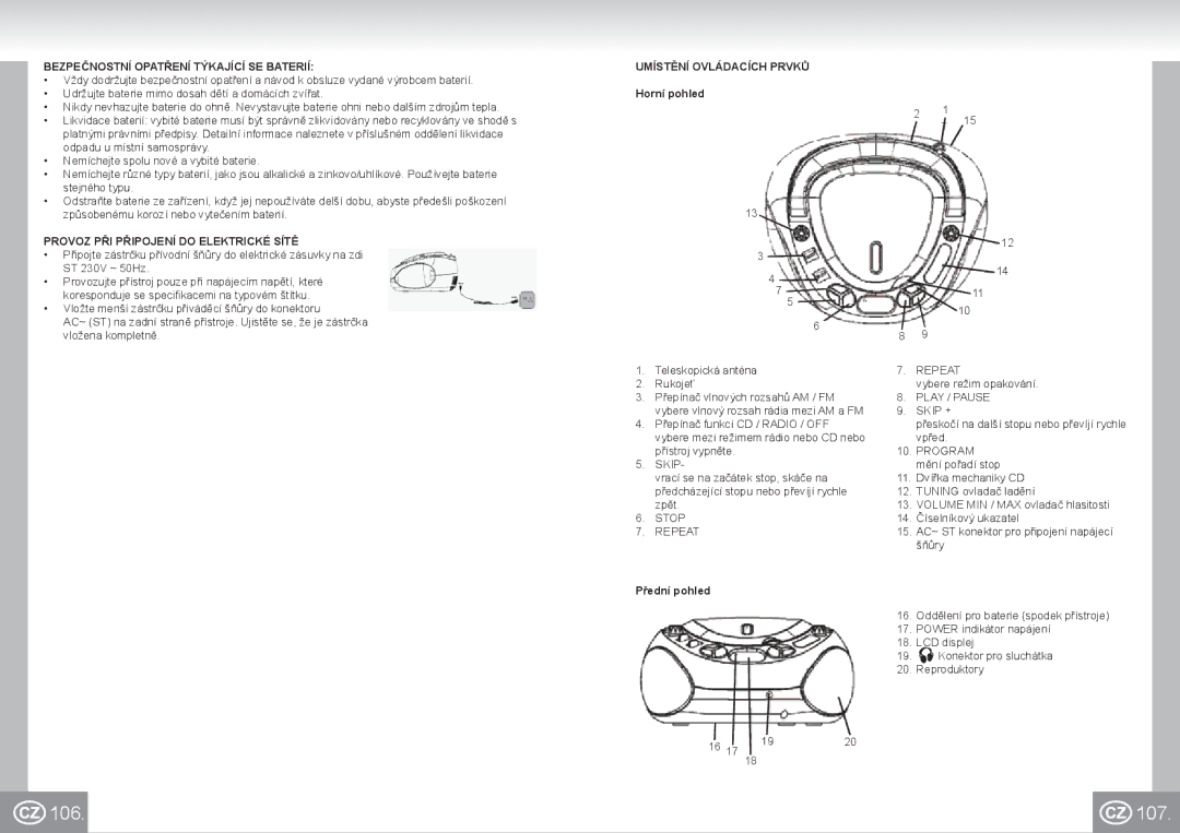 Elta 6688 manual 106 107, Bezpečnostní Opatření Týkající SE Baterií, Provoz PŘI Připojení do Elektrické Sítě 