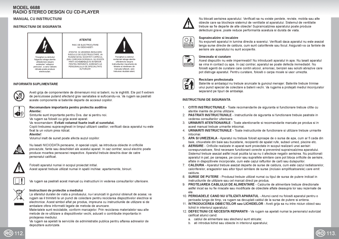 Elta 6688 manual 112 113, Radio Stereo Design CU CD-PLAYER, Manual CU Instructiuni, Instructiuni DE Siguranta 