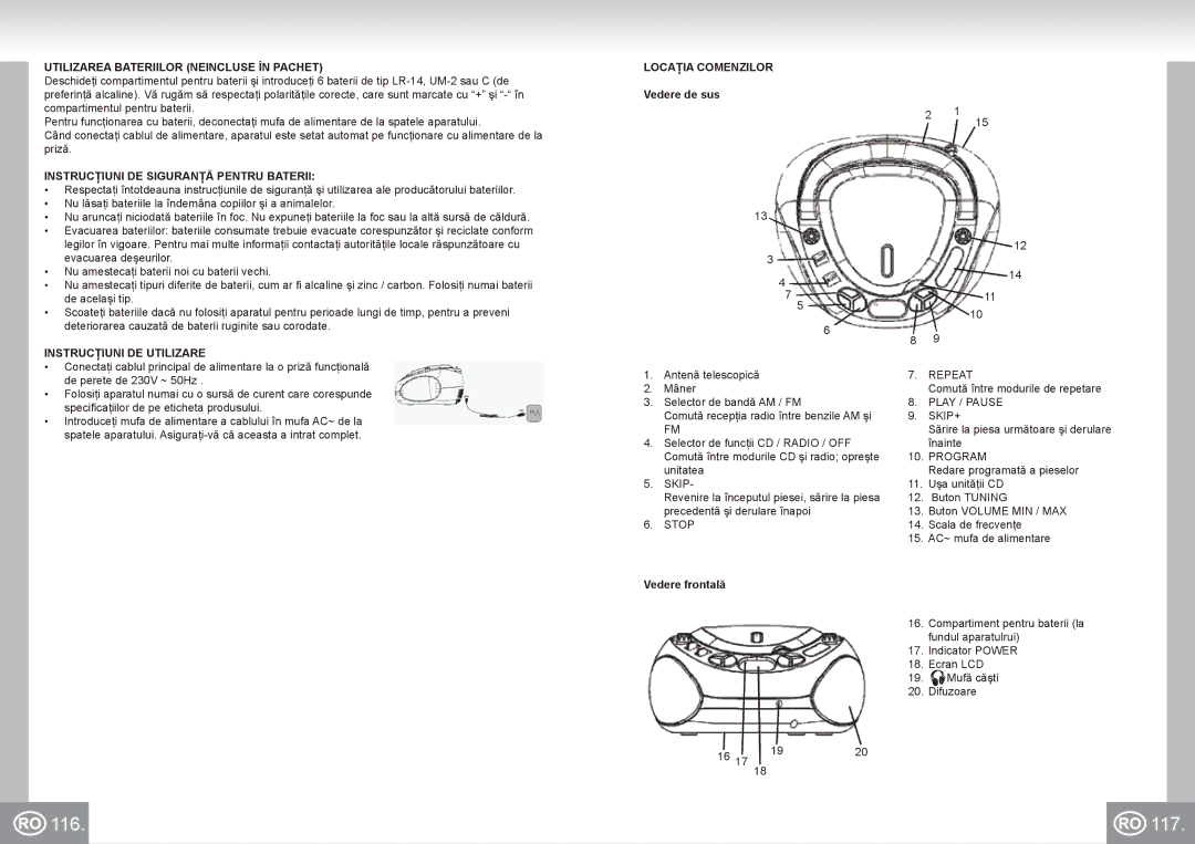 Elta 6688 116 117, Utilizarea Bateriilor Neincluse ÎN Pachet, Instrucţiuni DE Siguranţă Pentru Baterii, Locaţia Comenzilor 