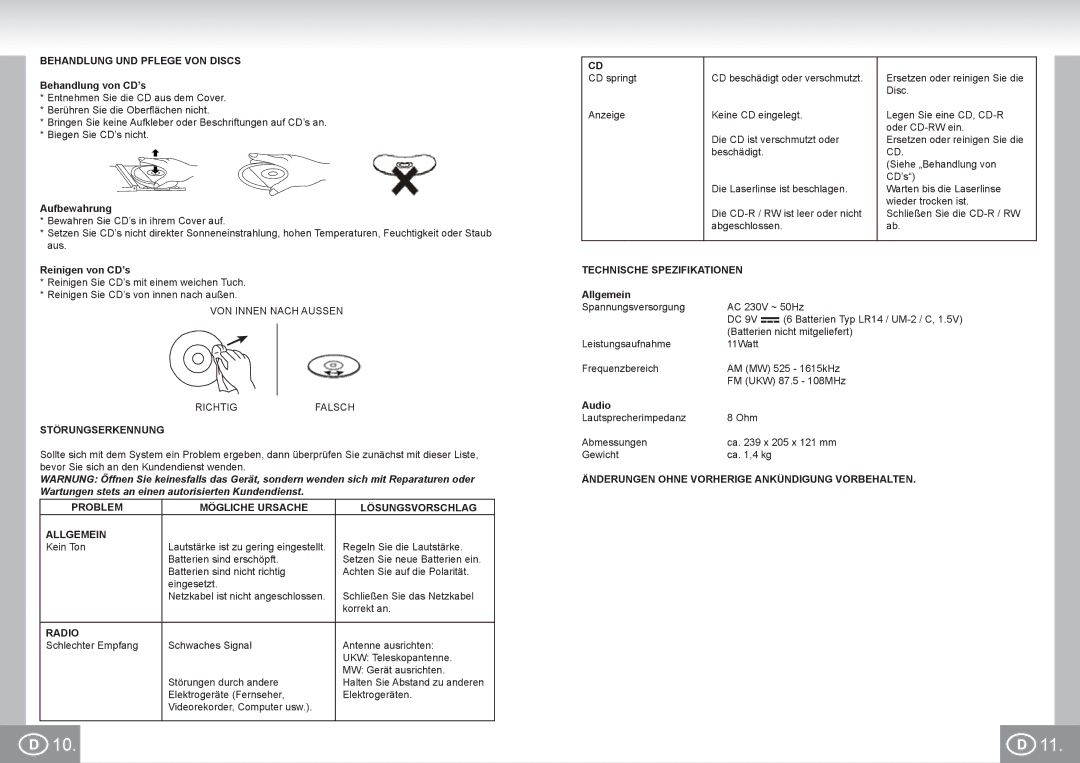 Elta 6688 manual Behandlung UND Pflege VON Discs, Störungserkennung, Problem Mögliche Ursache Lösungsvorschlag Allgemein 