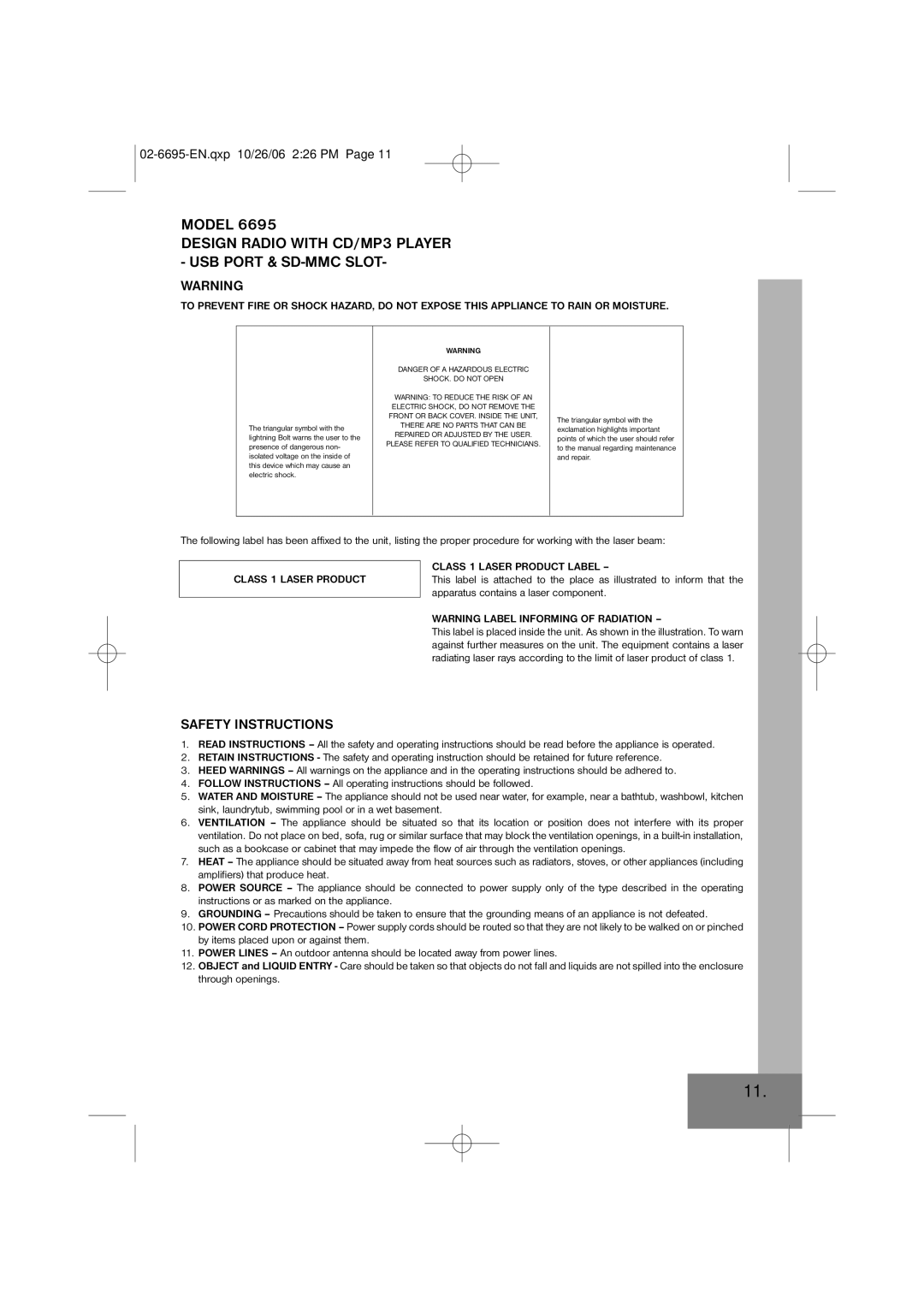 Elta 6695 manual Design Radio with CD/MP3 Player USB Port & SD-MMC Slot, Safety Instructions, Class 1 Laser Product 