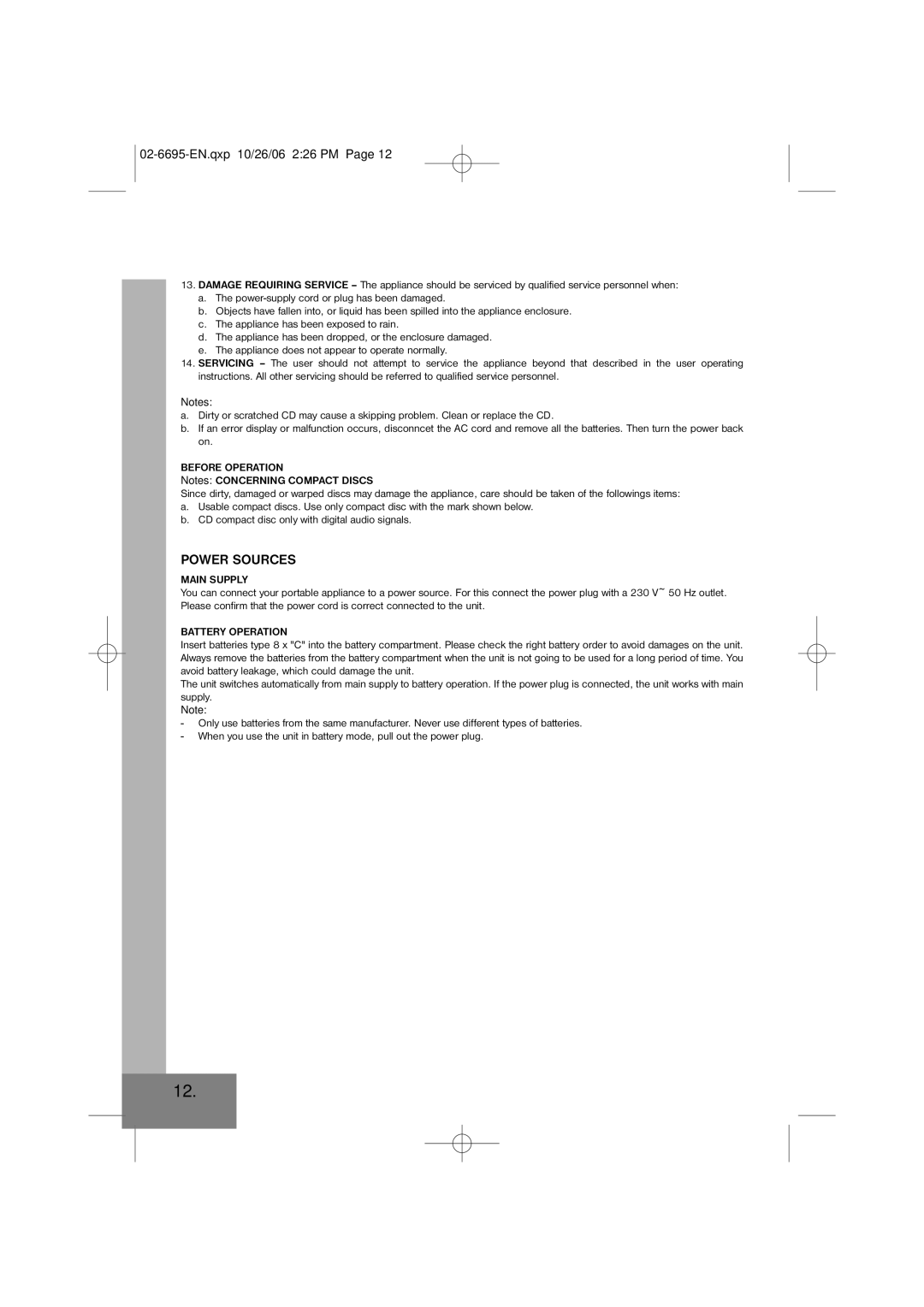 Elta 6695 manual Power Sources, Before Operation, Main Supply, Battery Operation 