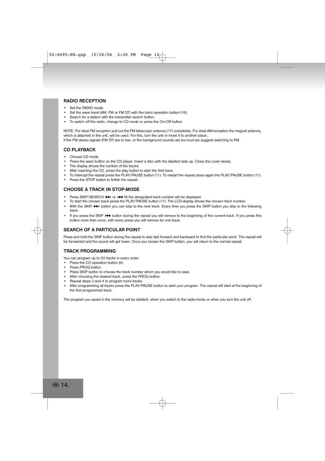 Elta 6695 manual Radio Reception, CD Playback, Choose a Track in STOP-MODE, Search of a Particular Point, Track Programming 
