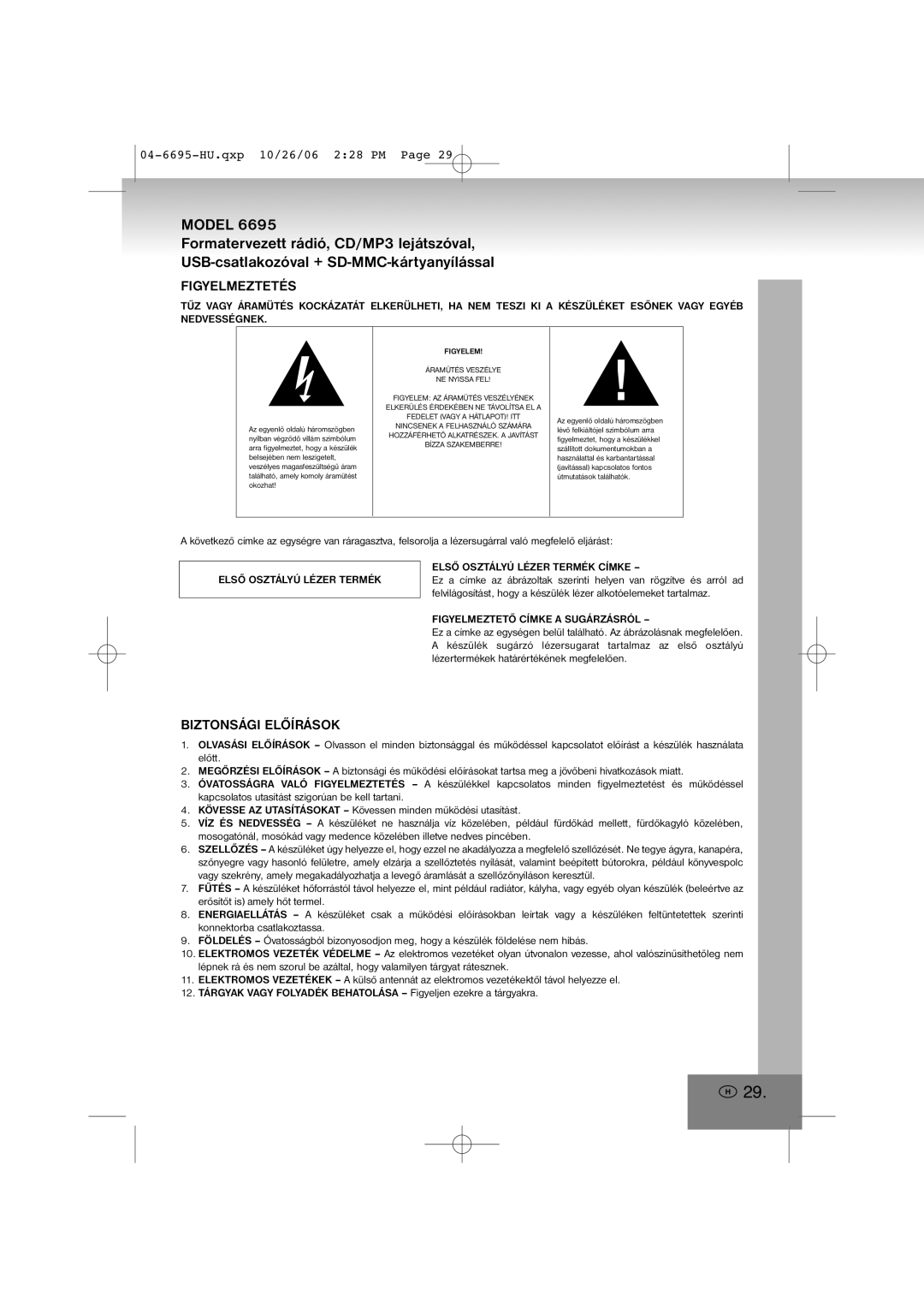 Elta 6695 Figyelmeztetés, Biztonsági Előírások, Első Osztályú Lézer Termék Címke, Figyelmeztető Címke a Sugárzásról 