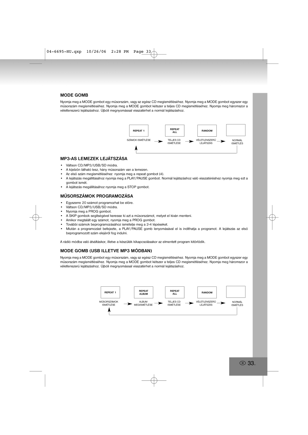 Elta 6695 manual MP3-AS Lemezek Lejátszása, Mode Gomb USB Illetve MP3 Módban 