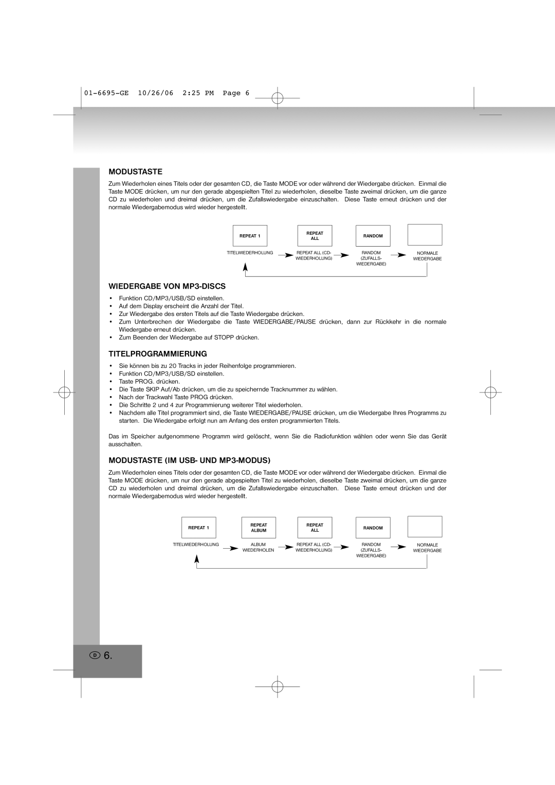 Elta 6695 manual Wiedergabe VON MP3-DISCS, Modustaste IM USB- UND MP3-MODUS 