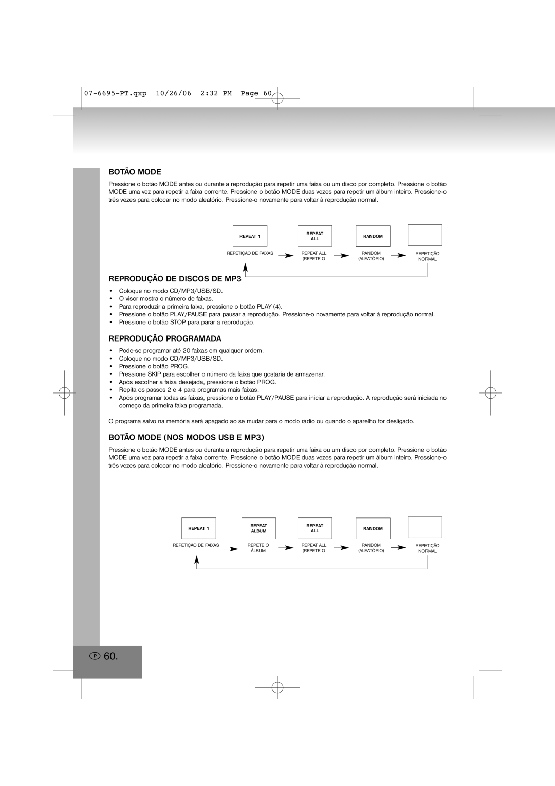 Elta 6695 manual Reprodução DE Discos DE MP3, Botão Mode NOS Modos USB E MP3 