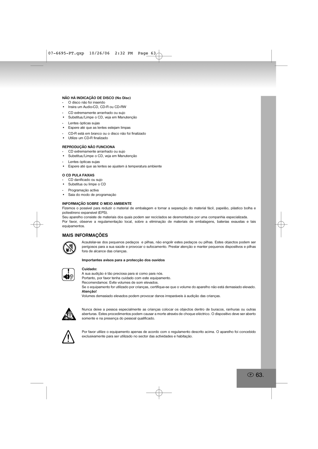 Elta 6695 manual Mais Informações, Reprodução NÃO Funciona, CD Pula Faixas, Informação Sobre O Meio Ambiente 