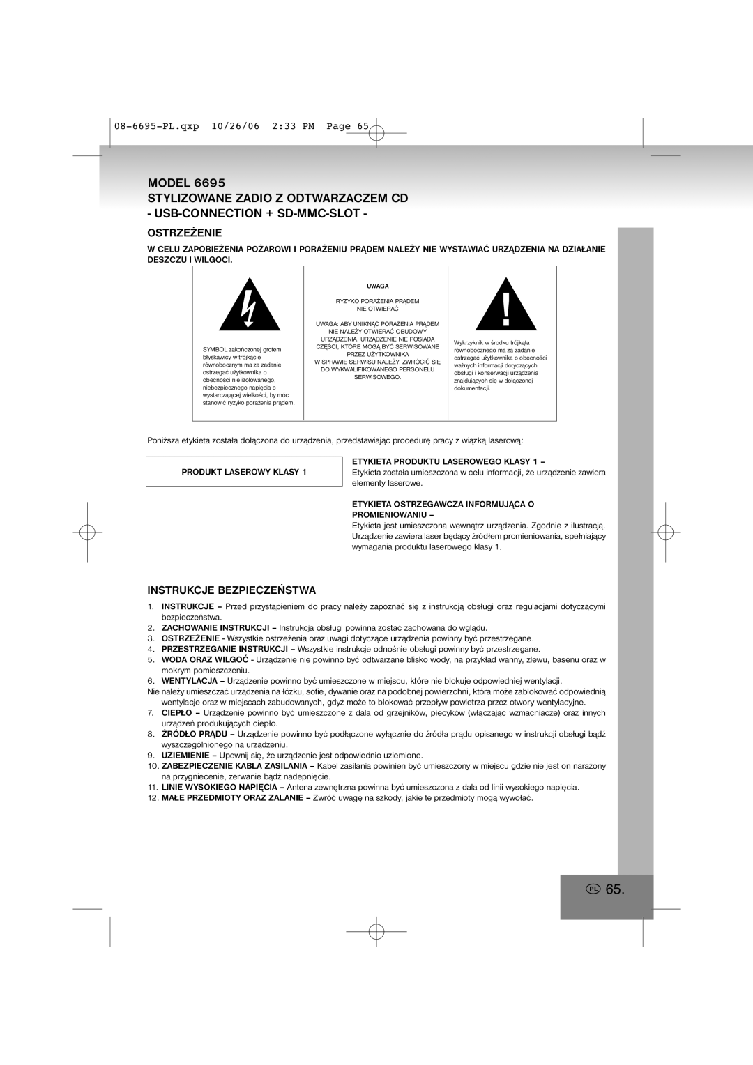 Elta 6695 manual Ostrzeżenie, Instrukcje Bezpieczeństwa, Produkt Laserowy Klasy, Etykieta Produktu Laserowego Klasy 