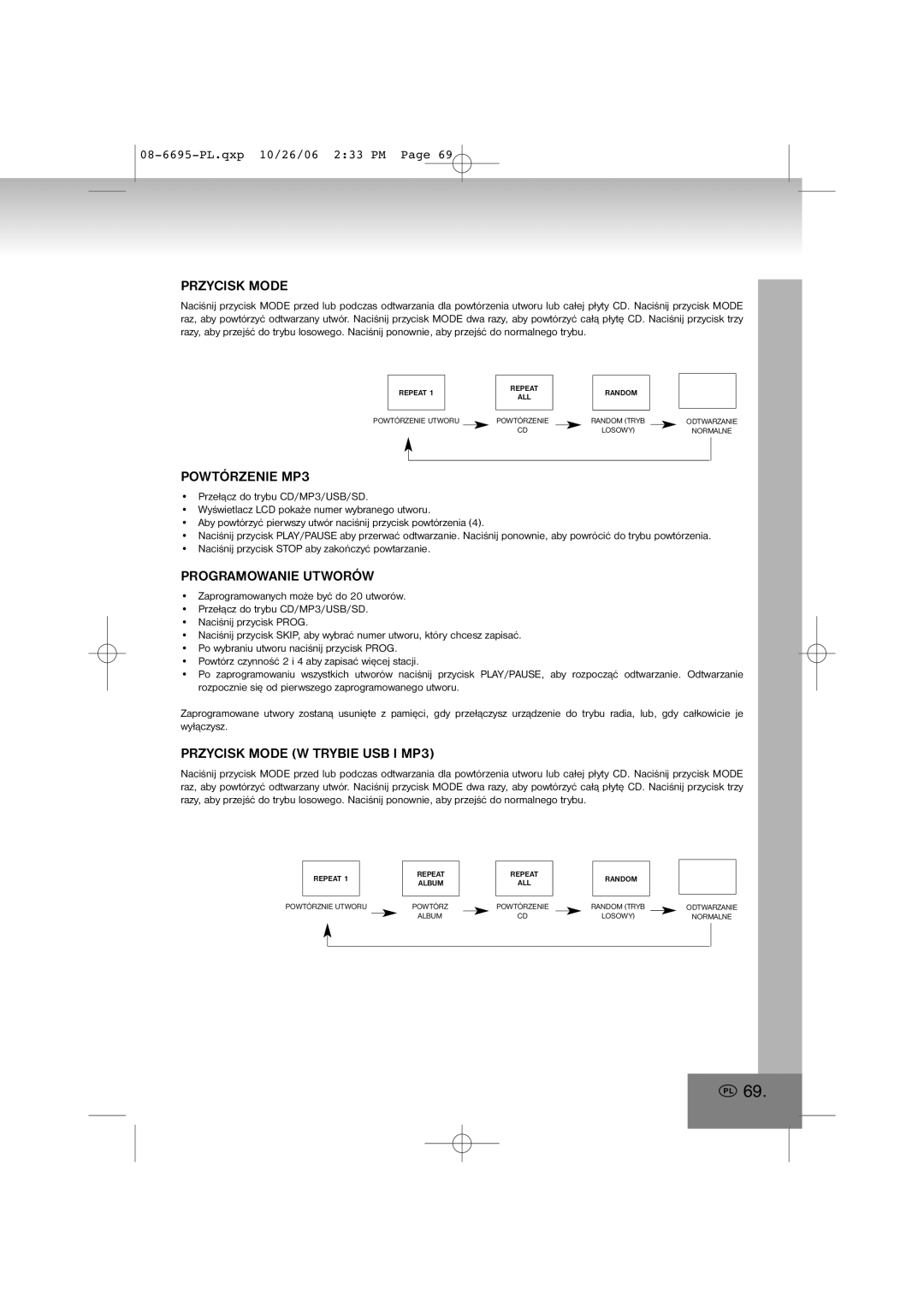 Elta 6695 manual Powtórzenie MP3, Przycisk Mode W Trybie USB I MP3 