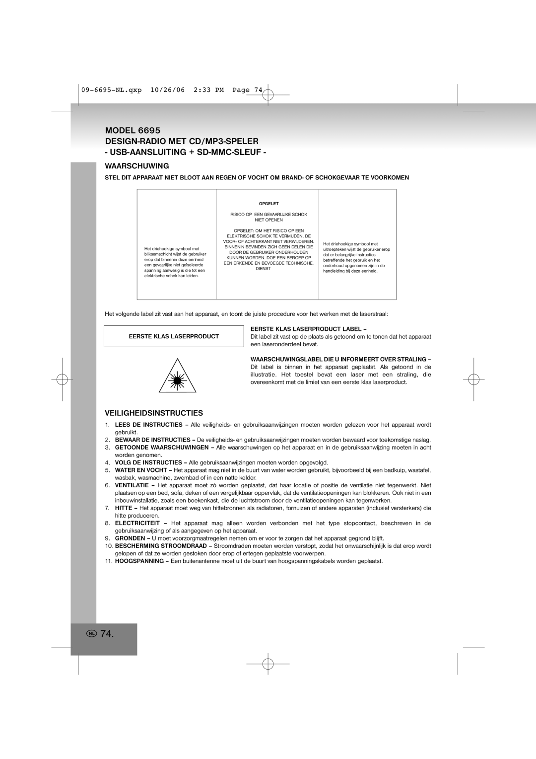 Elta 6695 manual Waarschuwing, Veiligheidsinstructies, Eerste Klas Laserproduct Label 