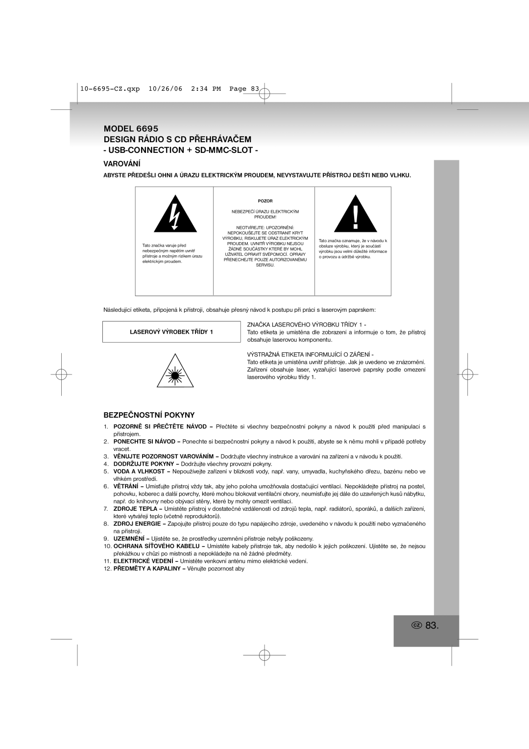 Elta 6695 manual Varování, Bezpečnostní Pokyny, Laserový Výrobek Třídy, Značka Laserového Výrobku Třídy 