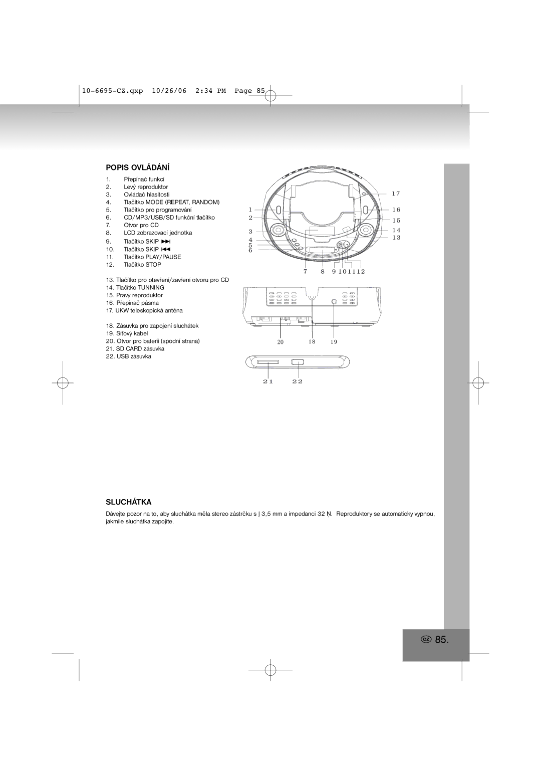 Elta 6695 manual Popis Ovládání, Sluchátka 