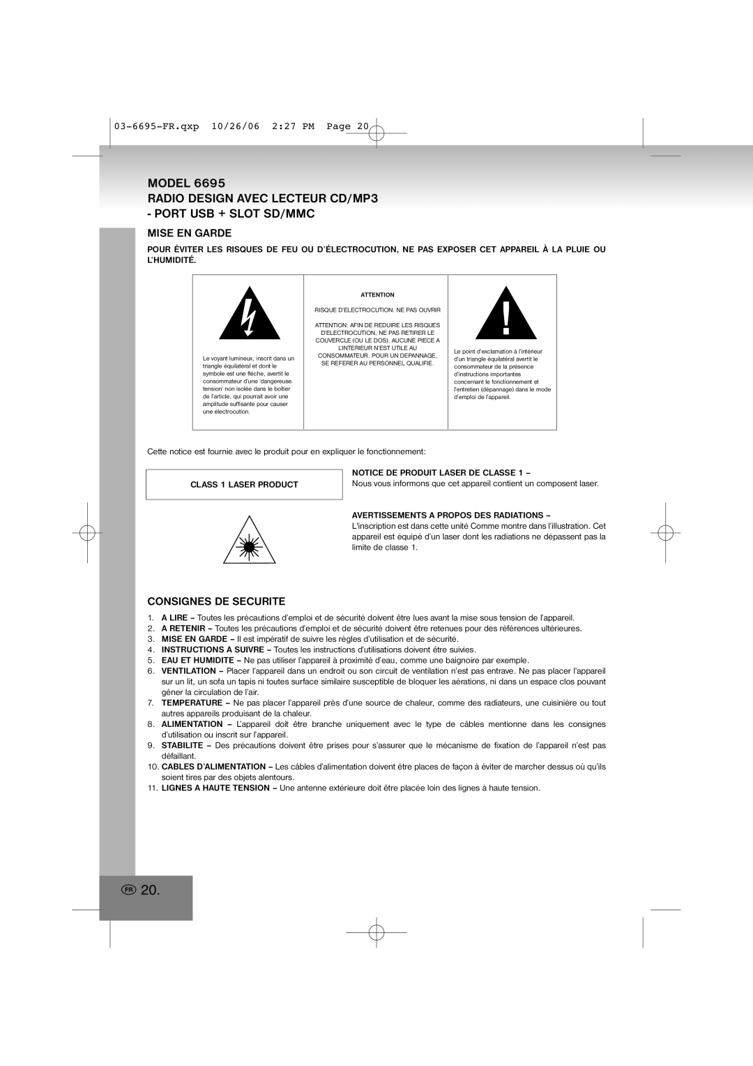 Elta manual Mise En Garde, Consignes De Securite, 03-6695-FR.qxp10/26/06 2 27 PM Page, Model 