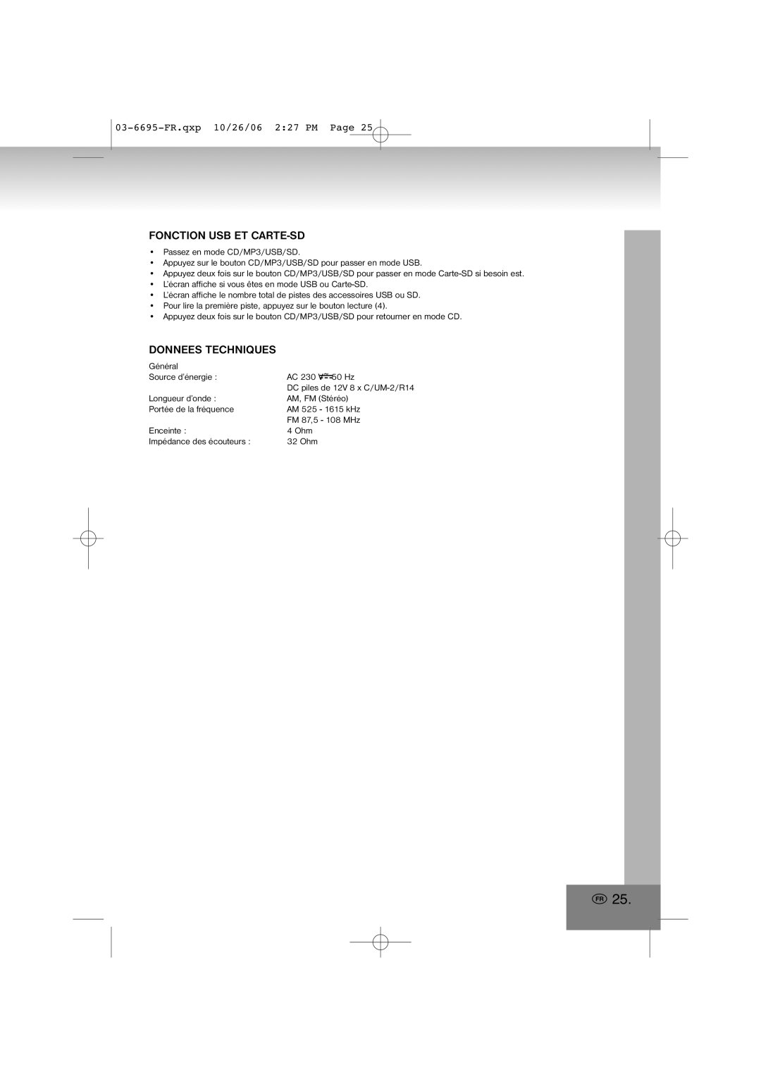 Elta manual Fonction Usb Et Carte-Sd, Donnees Techniques, 03-6695-FR.qxp10/26/06 2 27 PM Page 
