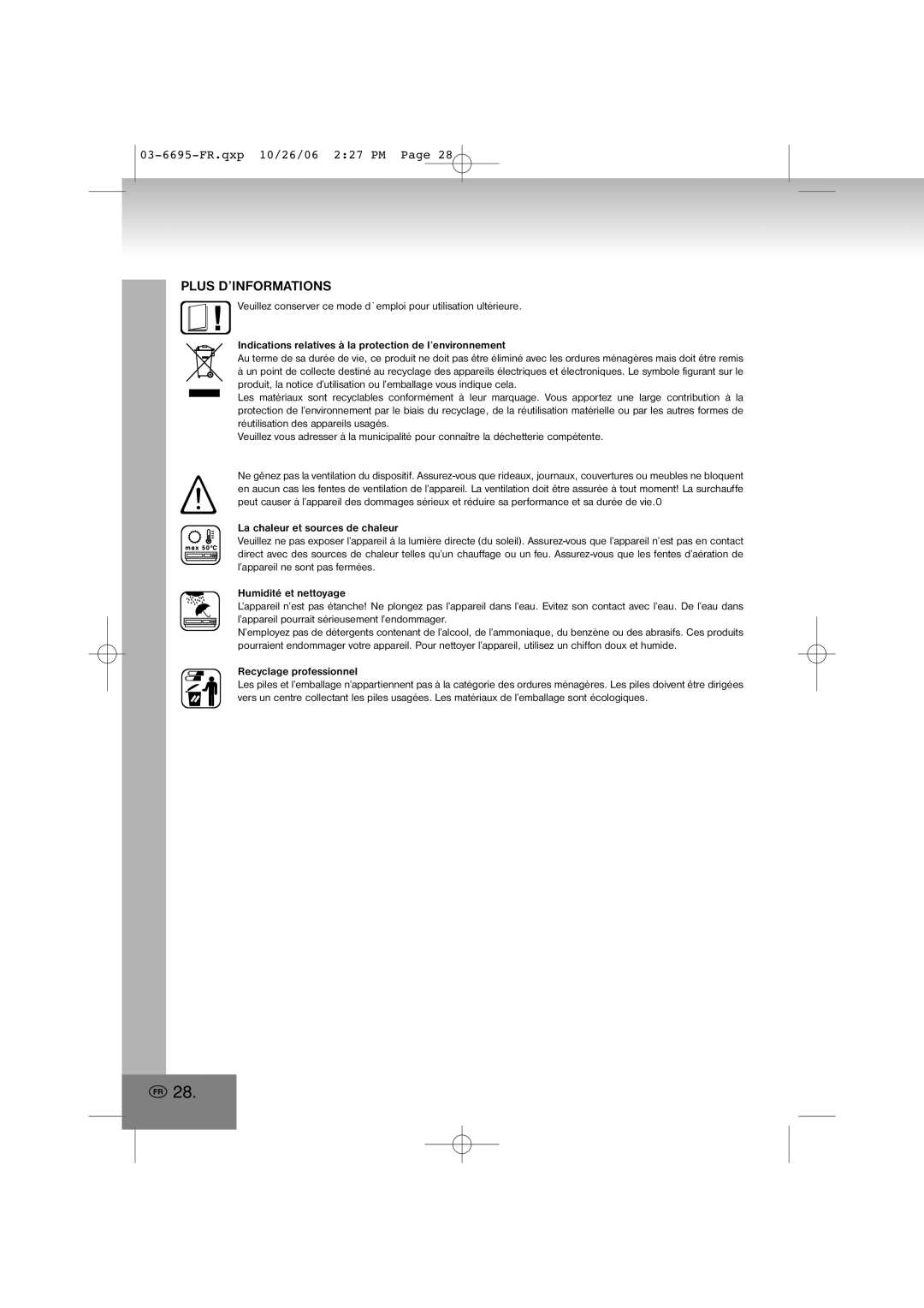 Elta manual Plus D’Informations, 03-6695-FR.qxp10/26/06 2 27 PM Page, La chaleur et sources de chaleur 