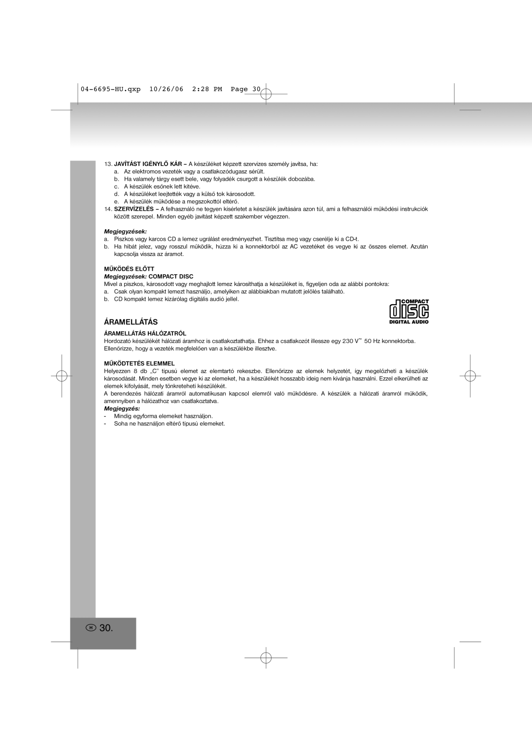 Elta manual Áramellátás, 04-6695-HU.qxp10/26/06 2 28 PM Page, Megjegyzések COMPACT DISC 