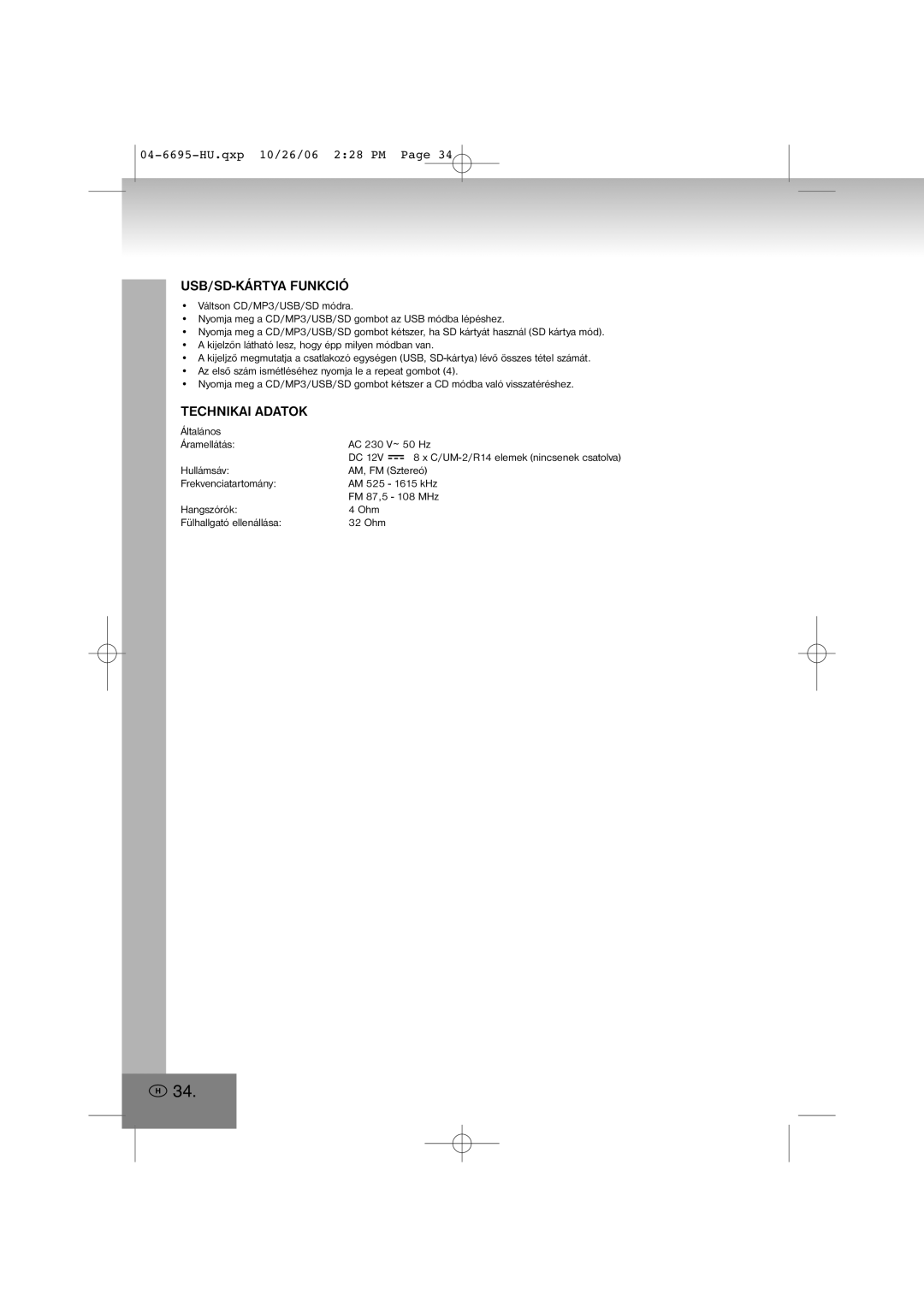 Elta manual Usb/Sd-Kártyafunkció, Technikai Adatok, 04-6695-HU.qxp10/26/06 2 28 PM Page 