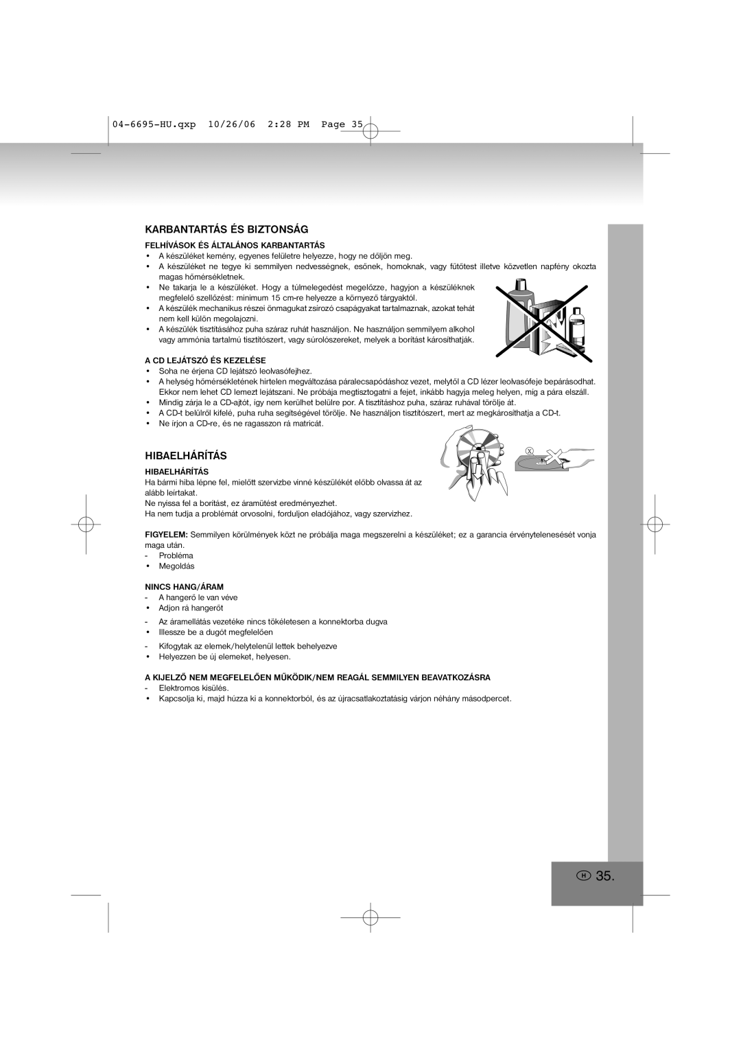 Elta manual Karbantartás És Biztonság, Hibaelhárítás, 04-6695-HU.qxp10/26/06 2 28 PM Page 