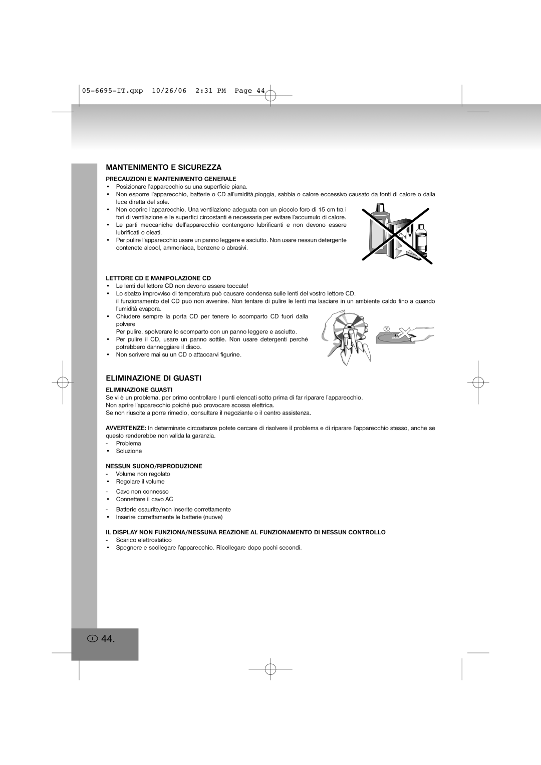 Elta manual Mantenimento E Sicurezza, Eliminazione Di Guasti, 05-6695-IT.qxp10/26/06 2 31 PM Page 