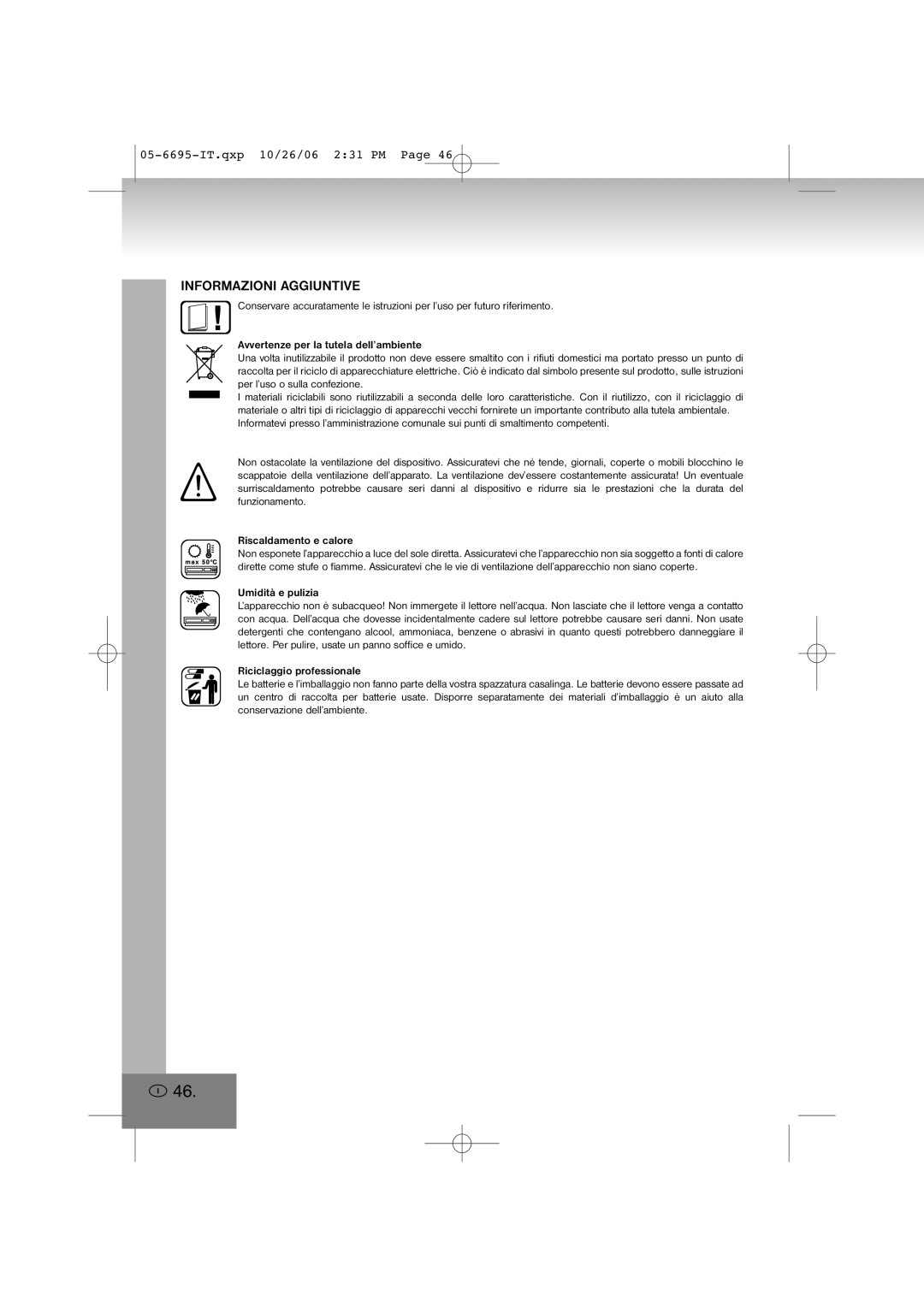 Elta manual Informazioni Aggiuntive, 05-6695-IT.qxp10/26/06 2 31 PM Page, Avvertenze per la tutela dell’ambiente 