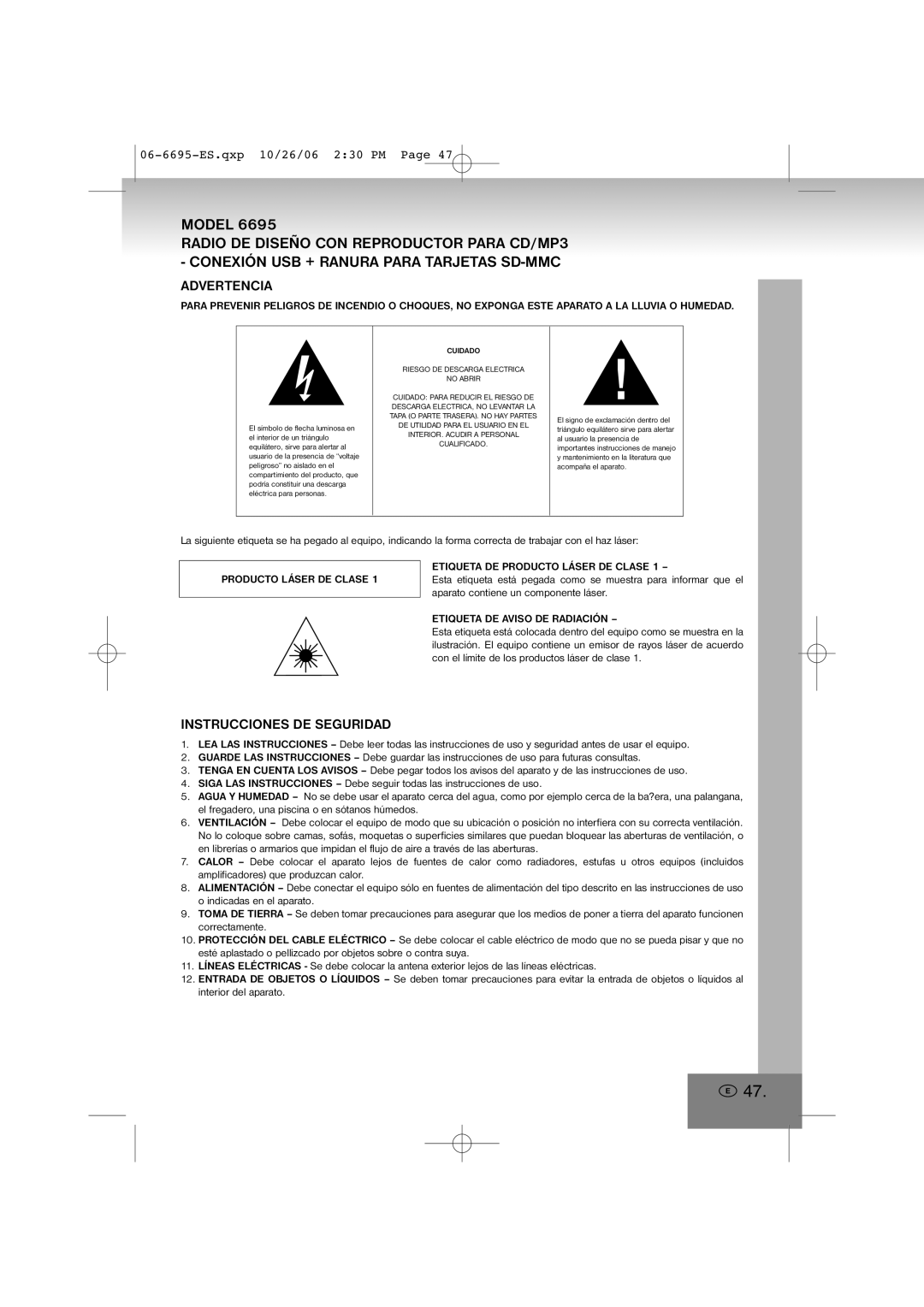 Elta manual Advertencia, Instrucciones De Seguridad, 06-6695-ES.qxp10/26/06 2 30 PM Page, Model 