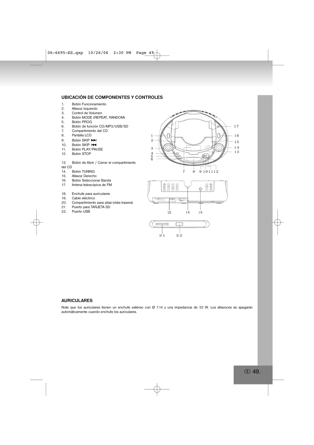 Elta manual Ubicación De Componentes Y Controles, Auriculares, 06-6695-ES.qxp10/26/06 2 30 PM Page 