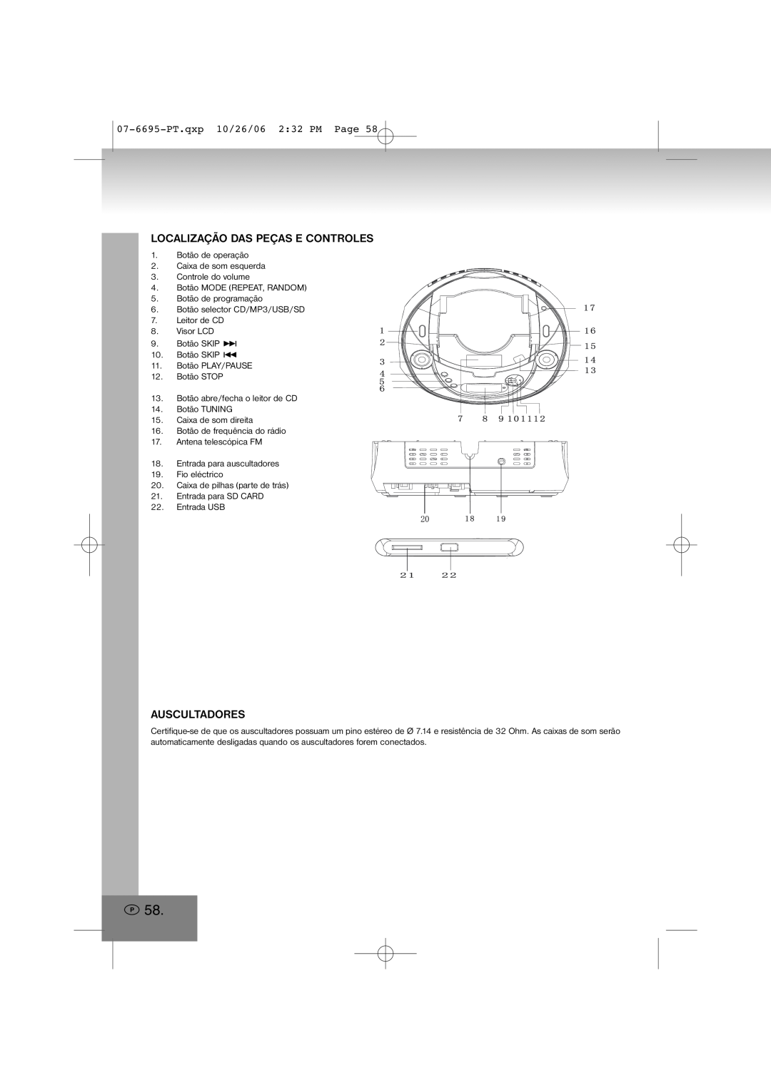 Elta manual Auscultadores, 07-6695-PT.qxp10/26/06 2 32 PM Page, Localização Das Peças E Controles 