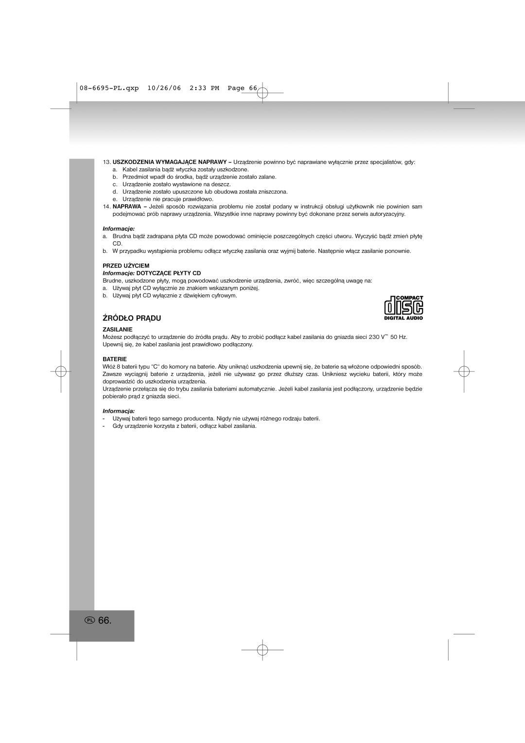 Elta manual Źródło Prądu, 08-6695-PL.qxp10/26/06 2 33 PM Page, Informacje, Informacja 