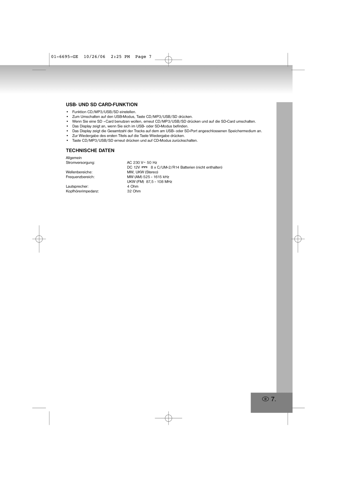 Elta manual Usb- Und Sd Card-Funktion, Technische Daten, 01-6695-GE10/26/06 2 25 PM Page 