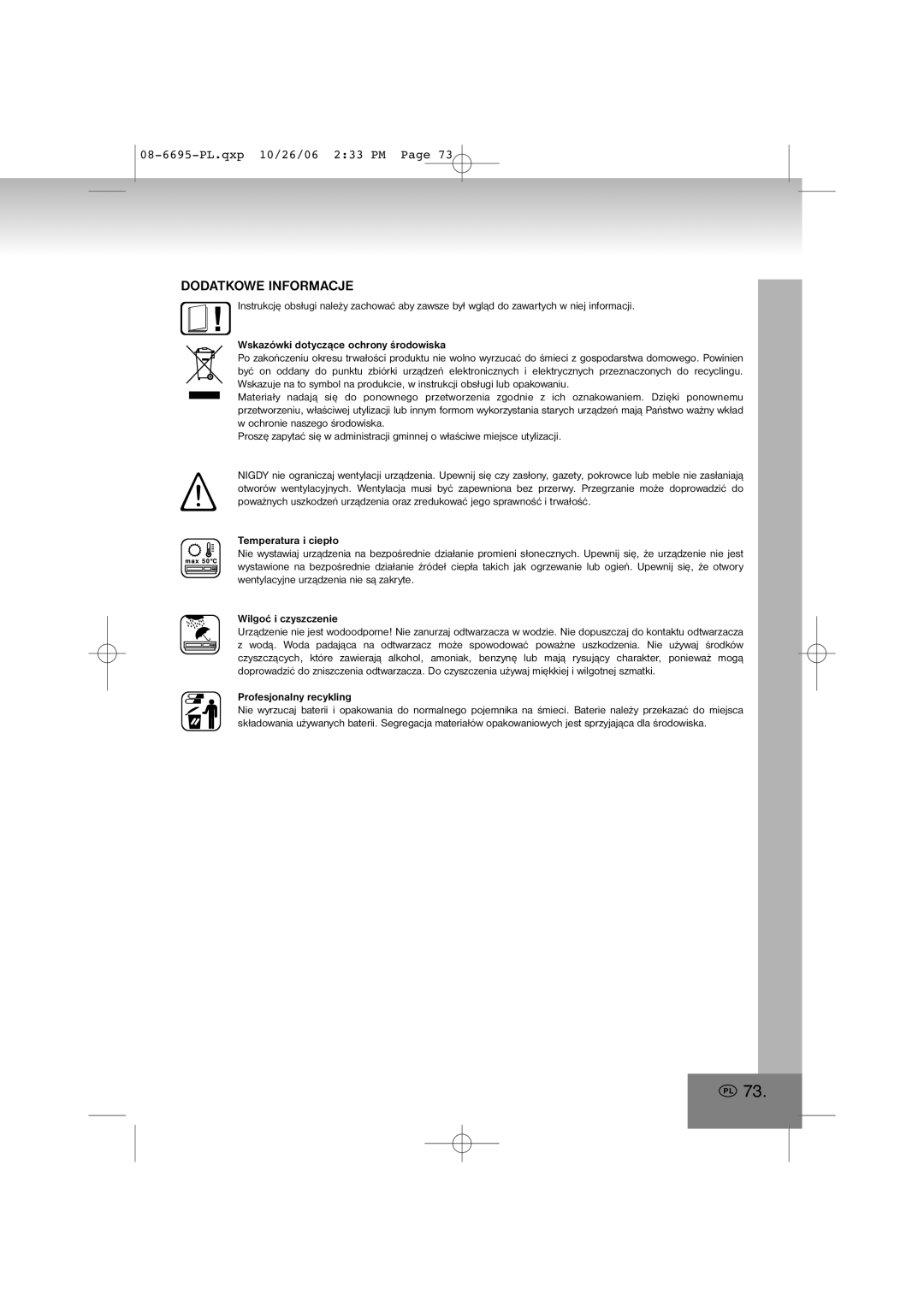 Elta manual Dodatkowe Informacje, 08-6695-PL.qxp10/26/06 2 33 PM Page, Wskazówki dotyczące ochrony środowiska 